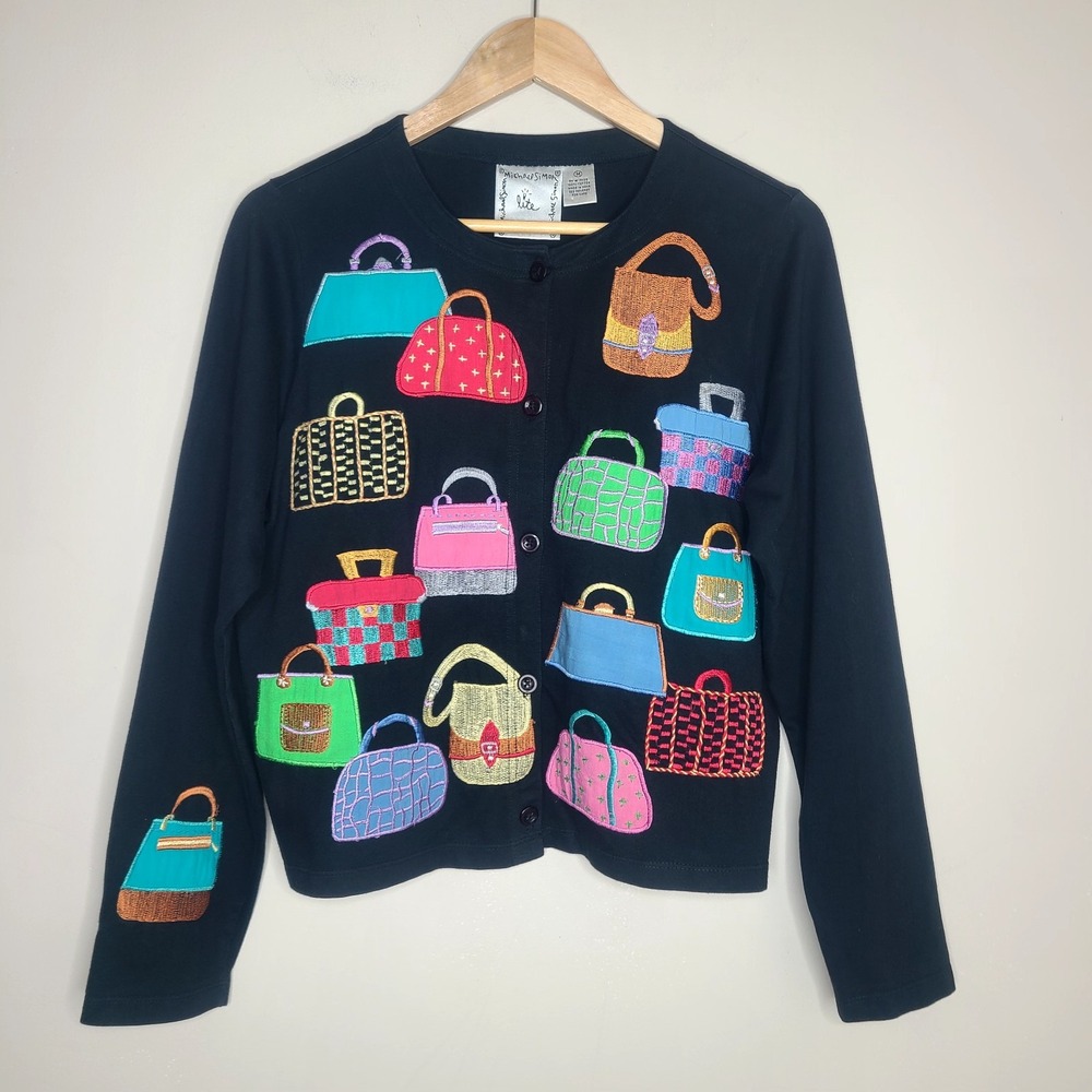 Vintage Michael Simon Lite Cardigan Size M Black Embroidered Purses‎